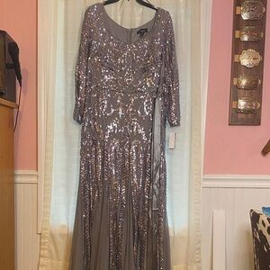 R&M Richards Silver Sequin Long Sleeve Dress